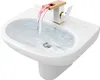 A white sink with a modern faucet with gold accents, and water flowing into it. Podgląd zdjęcia produktu