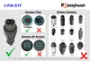 A collage of images showing a 3-pin STF charger plug and socket, along with similar variants. Produktbild-Vorschau