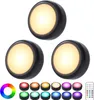 Three round LED lights are shown on a white background, with a color wheel and various colored light samples below them. Produktbild-Vorschau