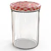 A clear, studio shot of an empty glass jar with a red and white checkered lid. Voir les images du produit