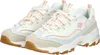 A pair of white Skechers D'Lites-Bold Views sneakers with pink and light blue accents. Produktbild-Vorschau