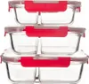 A stack of three glass food containers with red lids. Anteprima dell’immagine prodotto