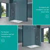 Collage of images showing a walk-in shower installation from different angles and with informational text overlays. Produktbild-Vorschau