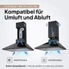 An advertising image showing two configurations of a black kitchen range hood, illustrating its dual functionality for recirculation and exhaust modes. The left side depicts the exhaust mode with a duct, and the right side shows the recirculation mode with Produktbild-Vorschau