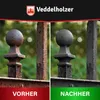 A split image showing a rusty metal fence post before and after treatment with a rust converter. Produktbild-Vorschau