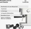 A product image showing an espresso machine and its accessories, with a list of features on the left. Produktbild-Vorschau
