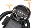 Close-up view of the steering wheel and dashboard of a black ride-on toy car. Produktbild-Vorschau