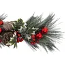 A close-up view of a Christmas garland with pine needles, pine cones, red berries, and red baubles. Podgląd zdjęcia produktu