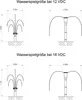 Diagrams showing fountain dimensions at different voltage inputs. Produktbild-Vorschau