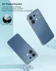Two transparent phone cases are shown against a light blue and white background, with text highlighting features. Produktbild-Vorschau