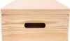 A plain, front-facing view of an unfinished wooden storage box with a lid and a cutout handle on the side. Produktbild-Vorschau
