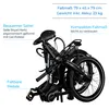 A folded black electric bicycle is shown against a white background, with text overlays highlighting its features. Produktbild-Vorschau