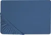 A blue fitted sheet is shown laid flat, with one corner pulled up to reveal the elasticized edge. Náhľad obrázku produktu
