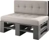A single bench made from wooden pallets with beige cushions. Produktbild-Vorschau