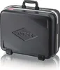 A black tool case with silver trim and a black handle, resting on a reflective surface. Produktbild-Vorschau
