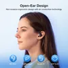 A woman wearing an open-ear earbud, with icons and text describing features. Produktbild-Vorschau