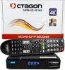 A product shot of a satellite receiver and its remote control, with the product's packaging in the background. Produktbild-Vorschau
