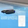 A robotic pool skimmer is shown floating in a pool, with a smartphone displaying a control app in the foreground. A virtual parking spot is indicated in the water. Náhľad obrázku produktu