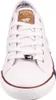 A front view of a white canvas sneaker with laces. Produktbild-Vorschau