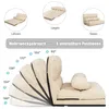 A diagram showing the different adjustable positions of a beige sofa bed, with labels indicating angles and usage modes. Podgląd zdjęcia produktu