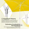 Close-up of a yellow umbrella with text overlays highlighting its features. Produktbild-Vorschau