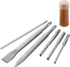 A set of drill bits and chisels with a small container of lubricant, arranged on a white background. Produktbild-Vorschau
