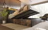 A modern bedroom with a bed that has its storage compartment open, revealing the mattress support mechanism. The bed has a grey upholstered headboard with LED lighting. Voir les images du produit