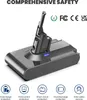 A gray vacuum cleaner battery pack with a blue indicator light, shown from a slightly elevated angle on a white background. Safety icons and text are displayed below the product. Produktbild-Vorschau