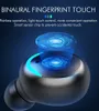 Close-up of a wireless earbud with glowing blue digital graphics highlighting its features. Produktbild-Vorschau