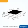 A technical drawing with dimensions of an induction cooktop, with a logo and slogan at the bottom. Produktbild-Vorschau