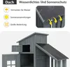 A close-up view of a grey wooden garden shed with its roof and doors visible. The top part of the image contains marketing text and icons. Produktbild-Vorschau