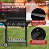 A black gas grill is shown outdoors with text overlays highlighting its features. Produktbild-Vorschau