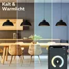 A split image showing a dining room with pendant lights in different lighting conditions, and a smartphone app interface. Produktbild-Vorschau