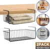 Collage of product images showing under-shelf storage baskets in various settings, including a kitchen and a closet, with a size indication. Produktbild-Vorschau