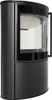 A black metal stove with a glass door. Produktbild-Vorschau
