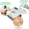 Collage of images showing a wrist blood pressure monitor, its display, and how it's used. Produktbild-Vorschau