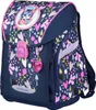 A children's backpack with a floral and mushroom pattern, featuring a cat illustration. Anteprima dell’immagine prodotto