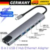 A USB-C hub adapter with various ports and connectors, presented with marketing text and logos. Produktbild-Vorschau