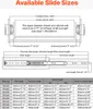 Diagrams and a table illustrating available slide sizes and their corresponding dimensions for drawer slides. Anteprima dell’immagine prodotto