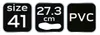 Three black squares with white text and graphics indicating product size and material. Náhled obrázku produktu