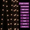 A string of warm white LED lights against a black background, with text overlays describing light modes. Produktbild-Vorschau
