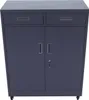 A dark gray metal filing cabinet with two drawers on top and two doors with a lock on the bottom, all on wheels. Produktbild-Vorschau