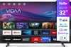 A television screen displaying various streaming app logos and promotional graphics, with a side panel detailing product features. Produktbild-Vorschau