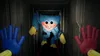 A scary blue monster with sharp teeth and yellow hands is in a dark hallway, with two large cartoon hands in the foreground. Náhled obrázku produktu