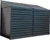 A dark gray metal garden shed with a sloped roof and a single door on the left side. Produktbild-Vorschau