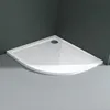 A white, quarter-circle shower tray is shown in a bathroom corner, with dark gray tiled walls and light gray tiled floor. Produktbild-Vorschau