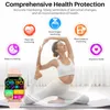 A woman is doing yoga while a smartwatch is displayed next to her, with icons representing health features. Produktbild-Vorschau