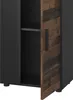 A close-up view of a cabinet with one door open, revealing shelves inside. The open door has a rustic wood panel design. Produktbild-Vorschau