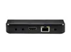 The back view of a black TVIP S-Box v.706 IP receiver is shown against a white background. The device has several ports visible, including an HDMI port, an Ethernet port, and a power input port. Podgląd zdjęcia produktu