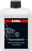 A white plastic bottle of lawnmower oil with a black cap and a label featuring a drawing of a lawnmower and brand information. Produktbild-Vorschau
